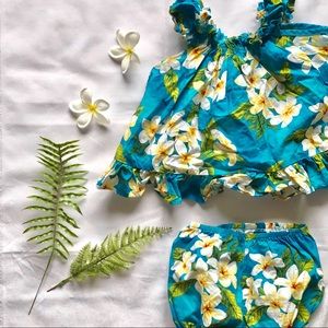 Hawaiian Blue with Plumeria Flower Print Girl Set